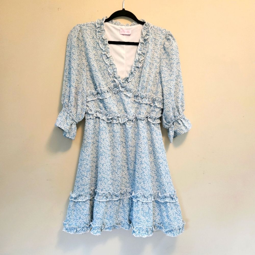 Pink Lily Dress Women Sz M Teal Green Floral 3/4 Length Lantern Sleeves Ruffles